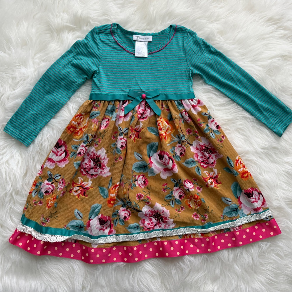 Bonnie Jean Floral Long Sleeve Dress with Pink Accents
